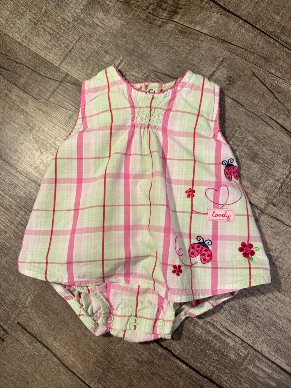 5/$15 Pink & Cream Plaid Romper with Ladybug Appliqué size 3 month